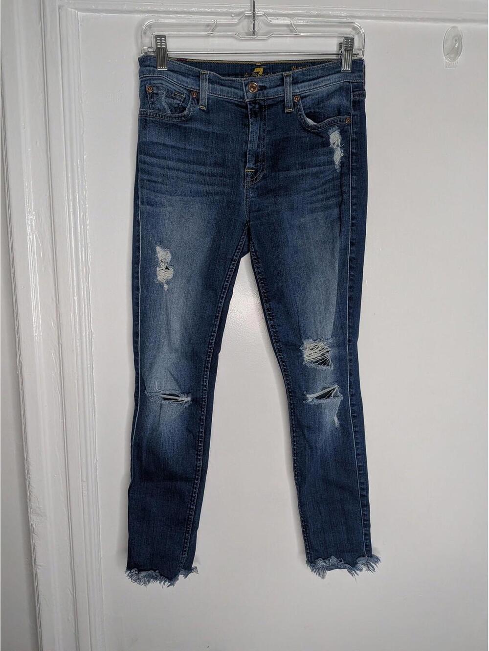 7 For All Mankind Jeans Womens 27 Blue Mid Rise Ankle Skinny Distressed Denim